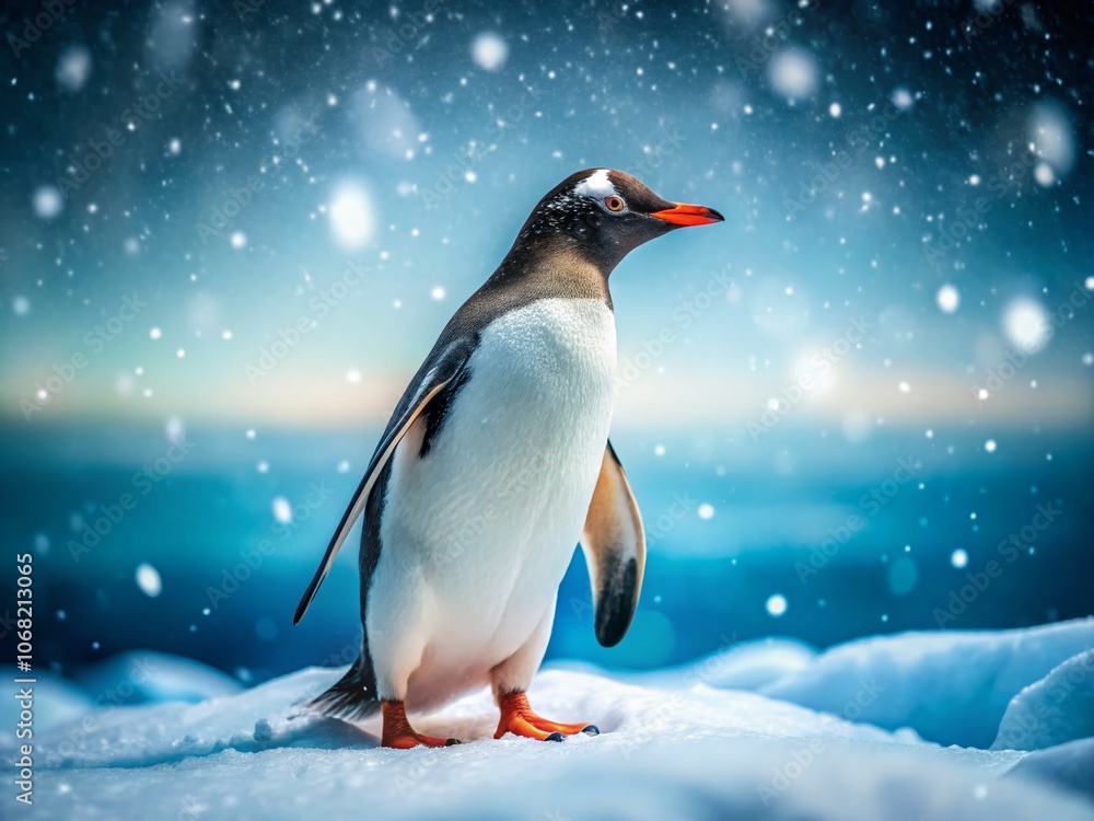 Fototapeta premium Adorable Gentoo Penguin Walking Through a Snowy Antarctic Landscape with Graceful Falling Snowflakes Creating a Magical Winter Scene for Nature and Wildlife Photography Enthusiasts