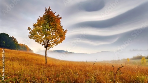 Beautiful landscape with tree dramatic sky fog and beautiful morning