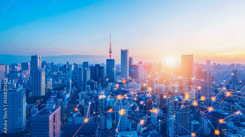 Fototapeta premium Network smart modern city, wireless connection to communication in world, social media technology.