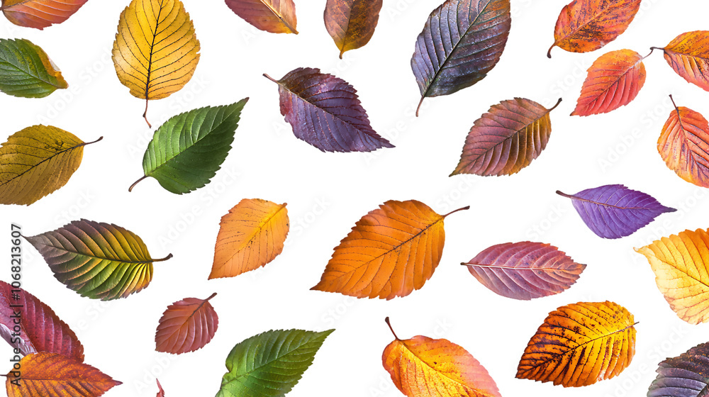Obraz premium Falling fall leaves in vibrant colors on white, isolated in mid-air, clear details on each leaf’s texture and shape