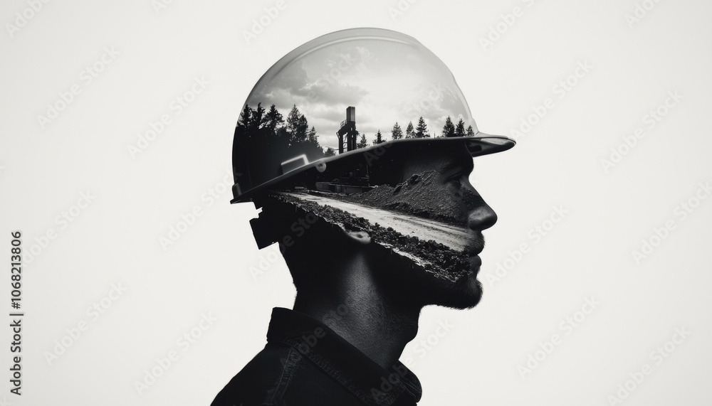 A silhouette of a soldier's head with a reflective helmet featuring a scenic landscape, symbolizing the duality of conflict and nature. A silhouette of a soldier's head with a reflective helmet featuring a scenic landscape, symbolizing the duality of conflict and nature.