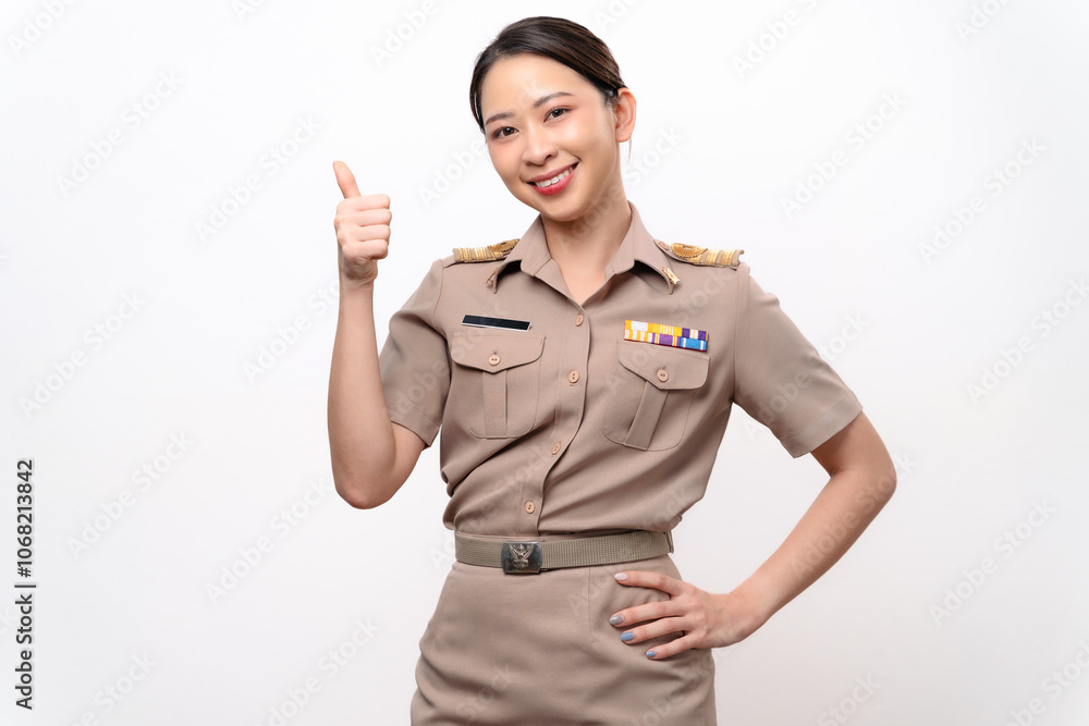 A woman in a Thai asian teacher uniform is giving a thumbs up. A woman in a Thai asian teacher uniform is giving a thumbs up.
