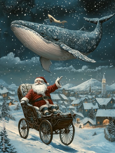 Festive Christmas Night with Santa Claus Riding a Carriage Under a Flying Whale