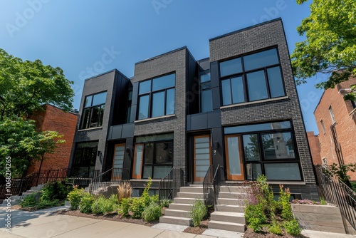 Minimalist black steel townhouse in Chicago with slate glass windows.