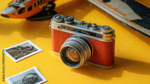 The camera and photos, as well as the airplane model, are placed on the table with a yellow background photo