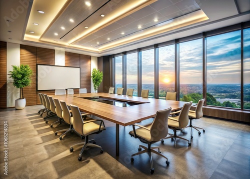 Wallpaper Mural Spacious Empty Conference Room with Projector Screen, Modern Office Design, Meeting Space for Presentations, Professional Environment, Corporate Setting, Clean Lines, Bright Lighting Torontodigital.ca