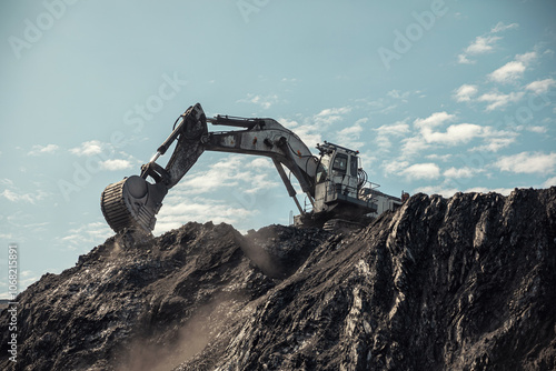 Large quarry dump truck and excavator. Big mining truck work coal deposit. Loading coal into body truck. Production useful minerals. Mining mining machinery to transport coal from open-pit production