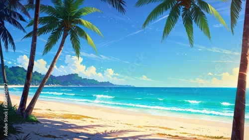 beach with palm trees anime style image 