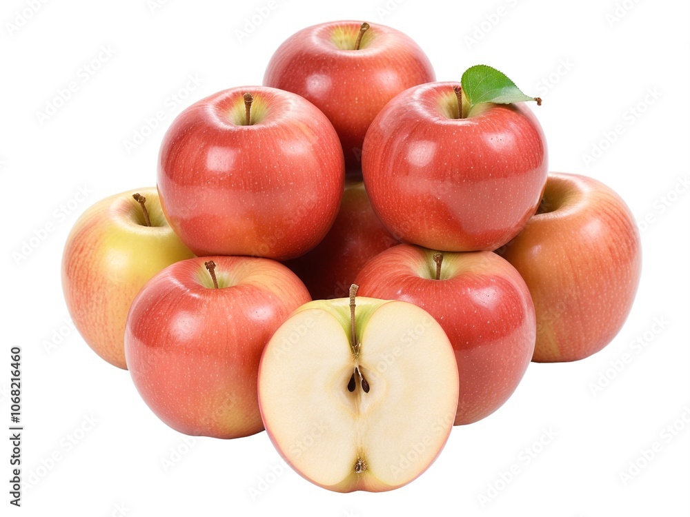 Raw Fresh Gala Apples with Lush Leaf, Featuring One Apple Cut in Half to Display White Flesh Raw Fresh Gala Apples with Lush Leaf, Featuring One Apple Cut in Half to Display White Flesh