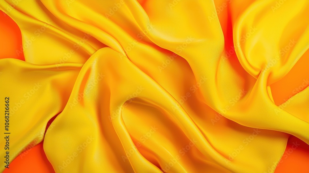 A close-up of smooth, flowing yellow fabric against an orange background, showcasing texture and color. A close-up of smooth, flowing yellow fabric against an orange background, showcasing texture and color.