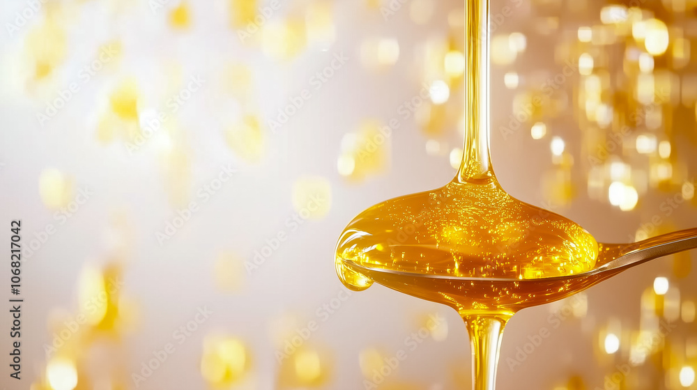 Honey flows smoothly from a spoon, catching light and creating a warm, inviting glow in the background Honey flows smoothly from a spoon, catching light and creating a warm, inviting glow in the background