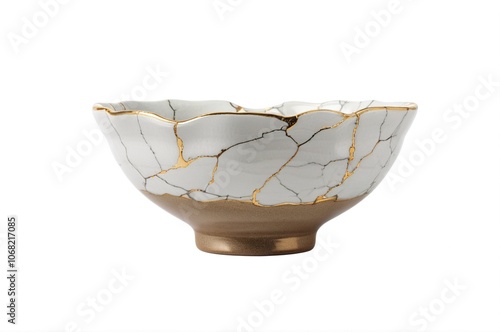 Artful Japanese Kintsugi Bowl Featuring Elegant Gold Repair on White Ceramic photo