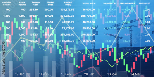 Image of tower crane  working on top of the  buildings with graph, chart and candlesticks data for stock business and construction industry presentation background.