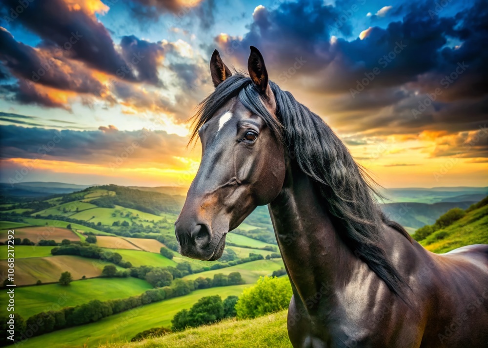 Aerial Photography of a Majestic Black Horse Head Amidst Lush Green Fields, Showcasing the Elegance and Power of Nature from Above, Perfect for Equine and Wildlife Enthusiasts Aerial Photography of a Majestic Black Horse Head Amidst Lush Green Fields, Showcasing the Elegance and Power of Nature from Above, Perfect for Equine and Wildlife Enthusiasts