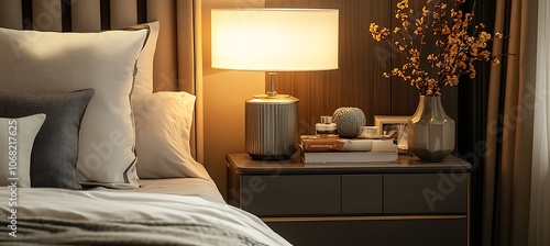 A stylish bedside table with a modern lamp and decor, surrounded by minimalist bedroom furniture, with space for copy photo