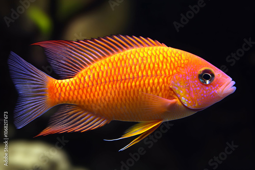 A vibrant orange and purple fish swimming in an aquarium.