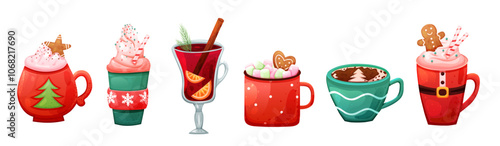 Set of Christmas hot chocolate drink and mulled wine in cute cup. Vector holiday illustration