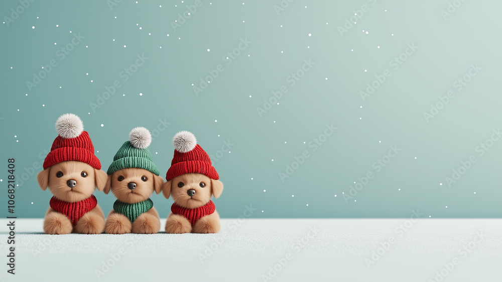 Adorable puppies wearing festive hats, surrounded by falling snowflakes, create joyful holiday atmosphere. Perfect for seasonal celebrations and pet lovers Adorable puppies wearing festive hats, surrounded by falling snowflakes, create joyful holiday atmosphere. Perfect for seasonal celebrations and pet lovers