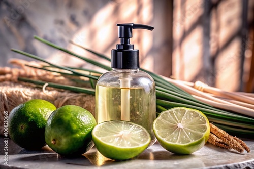 Elegant Pump Bottle of Liquid Soap Surrounded by Fresh Lime Halves and Green Lemongrass in a Refreshing Natural Setting with Long Exposure Effects