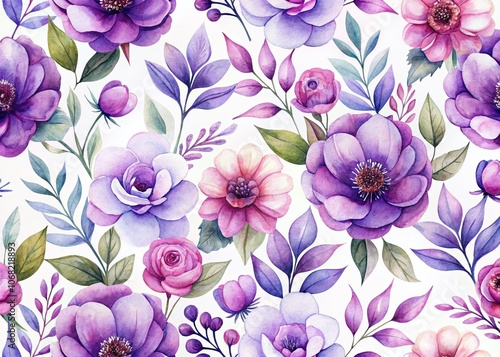 Elegant Purple Watercolor Flowers Seamless Pattern with Transparent Background for Creative Design Projects and Home Decor, Perfect for Fabric, Wallpaper, and Stationery Applications