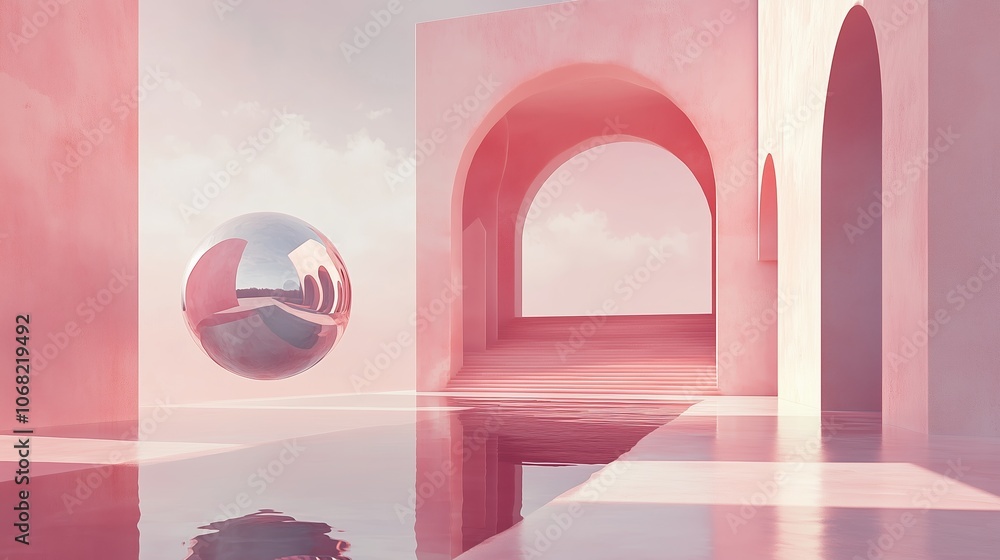 Surreal architectural landscape with reflective sphere and pastel hues, creating an ethereal atmosphere during a calm dawn Surreal architectural landscape with reflective sphere and pastel hues, creating an ethereal atmosphere during a calm dawn