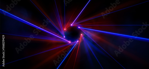 Red and blue laser light for concert background. Dance party event with lazer circle design for dj. Night strobe performance with sparkle and steam. Realistic nightlife bg. Vibrant virtual technology