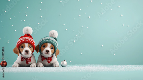 Playful puppies in festive hats, enjoying snowy holiday scene. Their adorable expressions and colorful accessories create joyful atmosphere perfect for season photo