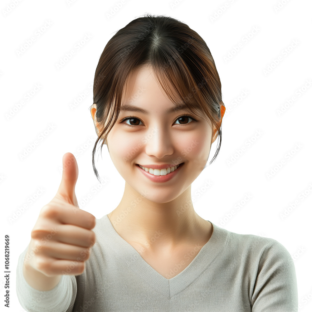 Japanese Woman with Thumbs Up, Transparent Background Cheerful Approval. Japanese Woman with Thumbs Up, Transparent Background Cheerful Approval.