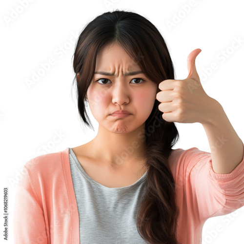 Japanese Woman Showing Thumbs Up, Transparent Background Positive Gesture.