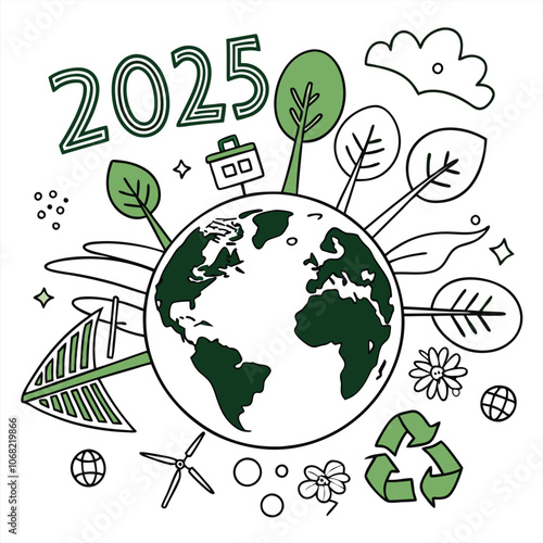Colorful illustration depicting Earth, surrounded by leaves and environmental symbols, highlighting sustainability and eco-friendly themes for 2025. Promotes green energy and recycling.
