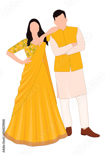 Indian couple in traditional yellow outfit for haldi ceremony
