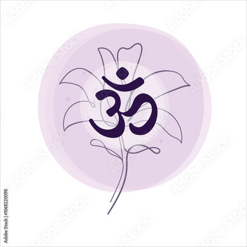 Paper flower. White lotus cut from paper. Om or Aum Indian sacred sound. The symbol of the divine triad of Brahma, Vishnu and Shiva. The sign of the ancient mantra. Om symbol sign on white