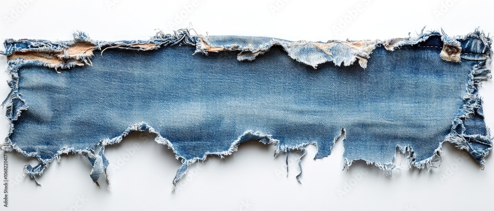 Obraz premium Ripped denim fabric with frayed edges isolated on white background.