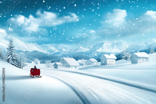 red sleigh glides through snow covered village under serene, snowy sky, surrounded by white capped mountains and cozy houses, evoking festive winter wonderland photo