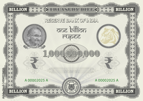 Vector gray treasury bill denomination of one billion Indian rupee. 1000000000. Vintage frame with guilloche mesh. Pixel portrait of Gandhi. Watermark of tiger. Securities. Bank certificate of Bharat.