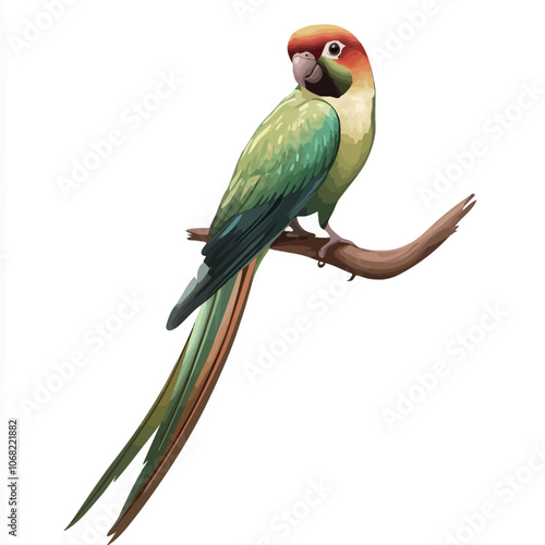 Parrot on a branch isolated on white background. Vector illustration.