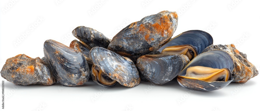 A pile of mussels, some open, on a white background. A pile of mussels, some open, on a white background.