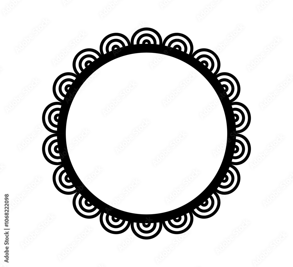 Scalloped edge circle frame. Simple round scalloped border. Fabric lace pattern frame. Repeat cute vintage frill ornament. Texture ribbon. Vector illustration isolated on white background. Scalloped edge circle frame. Simple round scalloped border. Fabric lace pattern frame. Repeat cute vintage frill ornament. Texture ribbon. Vector illustration isolated on white background.