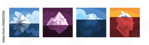 Iceberg Rock Solid Peak Top in Water Surface Vector Set