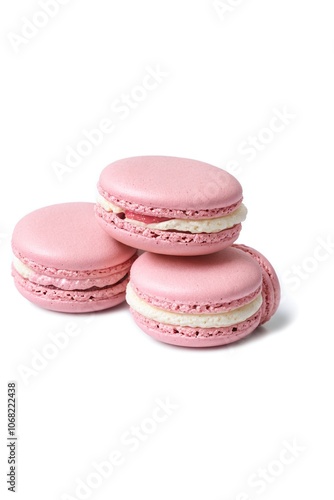 Isolated Pink French Macarons with Creamy Filling Against White Background