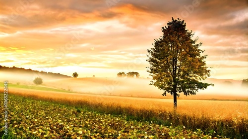 Beautiful landscape with tree dramatic sky fog and beautiful morning