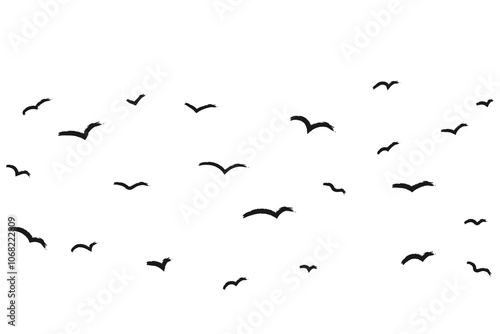 Bird silhouettes in grunge brush style. Flock of flying birds hand-drawn with thick markers and rough crayon strokes