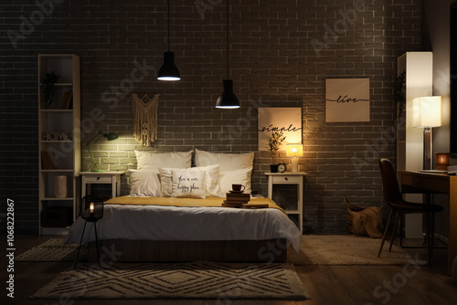 Interior of dark bedroom wi...