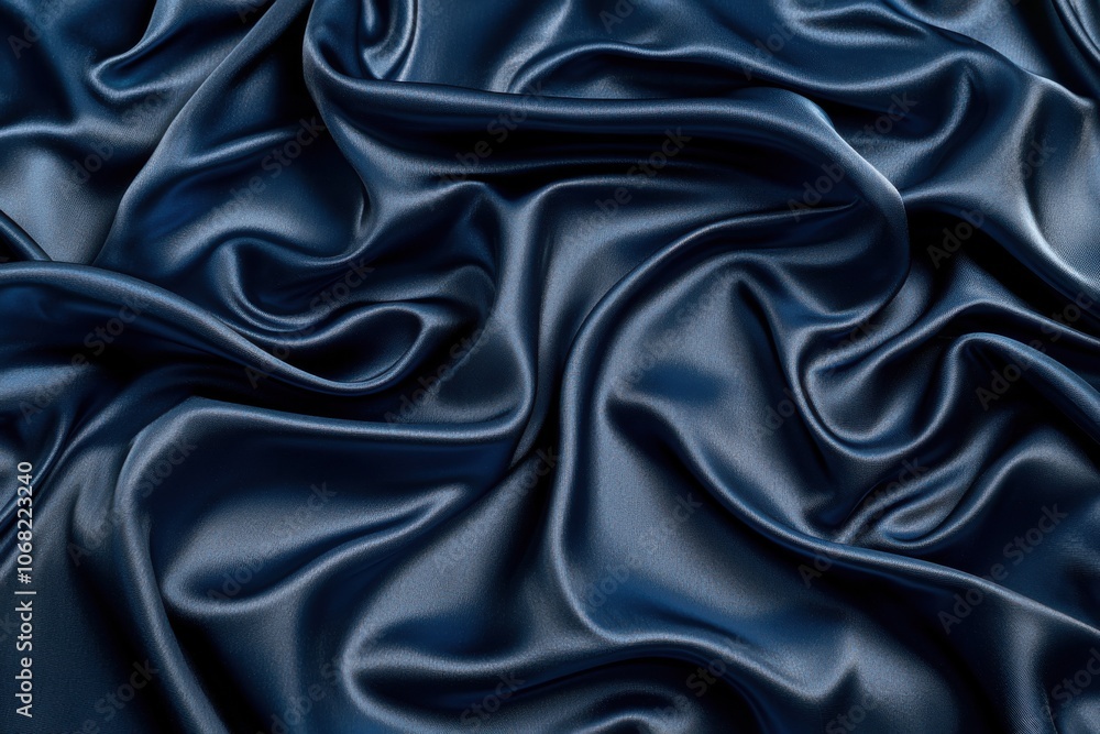 A close-up view of luxurious dark blue satin fabric, showcasing its smooth texture and elegant draping. A close-up view of luxurious dark blue satin fabric, showcasing its smooth texture and elegant draping.