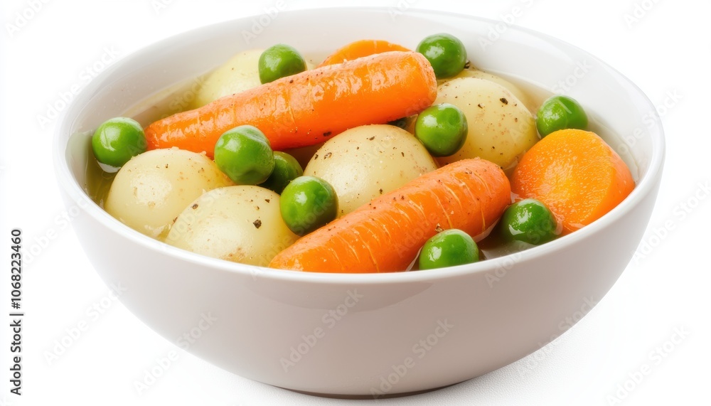 a bowl of vegetable soup with carrots, potatoes, and peas, hearty and warm, comfort food, isolated on white background a bowl of vegetable soup with carrots, potatoes, and peas, hearty and warm, comfort food, isolated on white background