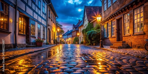 Enchanting Cobblestone Alleyway in Kalundborg at Night with Bokeh Effect, Illuminated by Street Lamps, Creating a Mystical Atmosphere for Evening Walks and Photography Enthusiasts photo