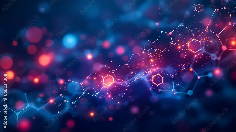 A visually striking abstract representation of interconnected molecules with glowing red and blue highlights against a dark background A visually striking abstract representation of interconnected molecules with glowing red and blue highlights against a dark background