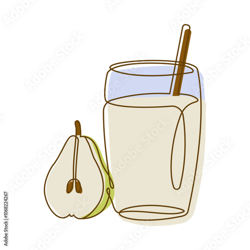 Fresh Pear Fruit Juice Smoothies Healthy Drink in Glass with Line Art Design