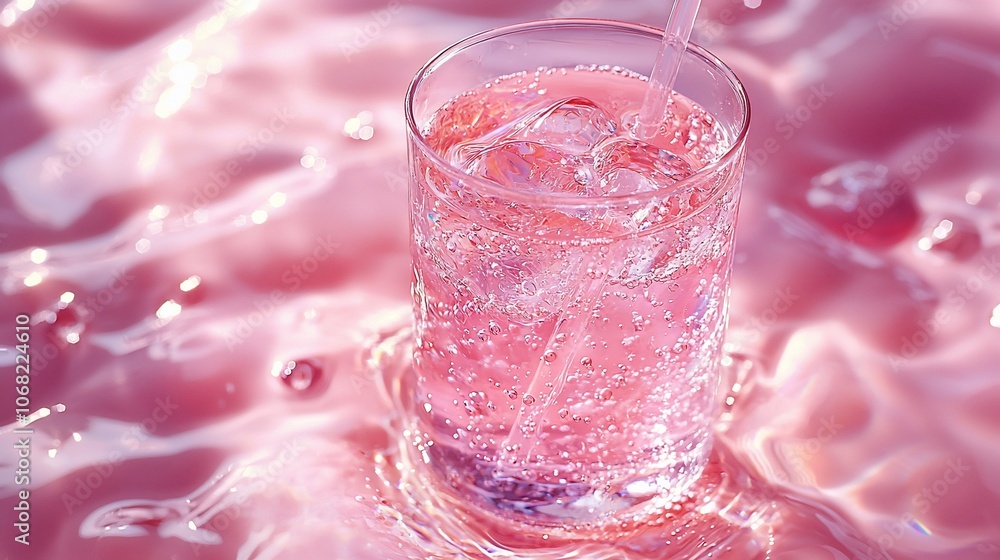 A glass of sparkling water with ice cubes on a pink background. A glass of sparkling water with ice cubes on a pink background.