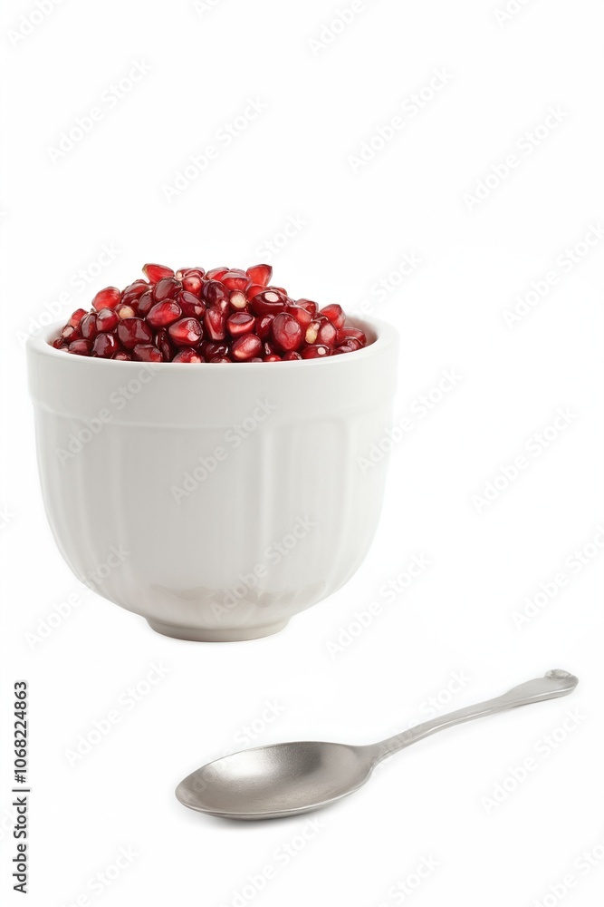 Vibrant Fresh Pomegranate Seeds in a White Ceramic Bowl with Silver Spoon on Marble Surface Vibrant Fresh Pomegranate Seeds in a White Ceramic Bowl with Silver Spoon on Marble Surface